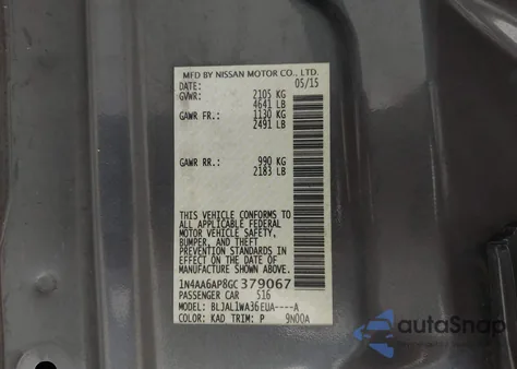 2016 Nissan Maxima 3.5 Sr из США, поврежденный, VIN 1N4AA6AP8GC379067